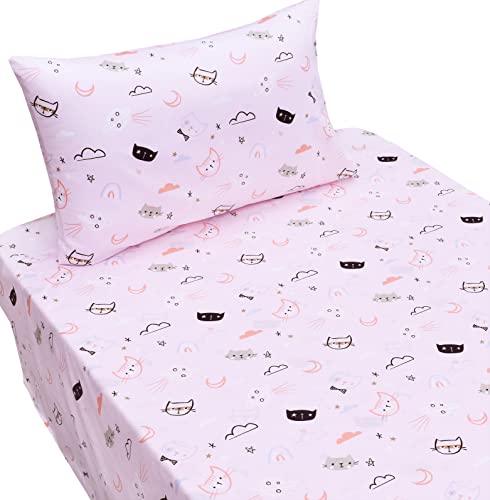 J-Pinno Kitty Cats Pink Cartoon Twin 100% Cotton 3 Pieces Sheet Set Bedroom Decoration Gift Flat Sheet + Fitted Sheet + Pillowcase Bedding Set For Unisex Boys Girls (Pink Cat, Twin) #TOP1