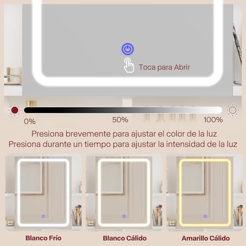 Devoko Tocador de Maquillaje con Grande Espejo y Luces LED, Brillo Ajustable, Mesa de Maquillaje con 2 Cajones, Joyero y Estantes Regulables Moderno para Dormitorio, Blanco - imagen 4