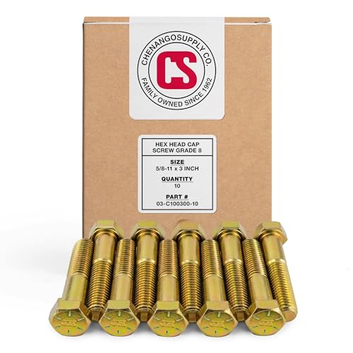 Image of Chenango Supply 5 /8-11 x 3 Grade 8 Hex Head Cap Screws | Alloy Steel Hex Bolts, 150,000 PSI Tensile Strength, Yellow Zinc Chromate Finish, USS Coarse Thread Fasteners (10 Pack)