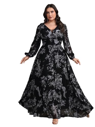 Spring Summer 2024 Plus Size Womens Dresses V Neck Casual Elegant Long Sleeve Floral Print Maxi Dress