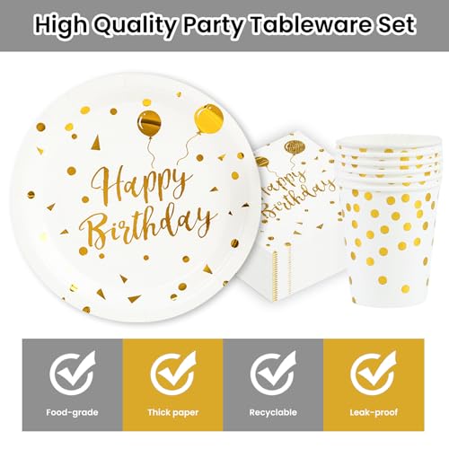 72 Stück Geburtstag Partygeschirr,Happy Birthday Weiß Gold Geburtstag Party Geschirr Becher Serviette Pappteller Set,für Mädchen Kinder Tischdekoration-24 Gäste