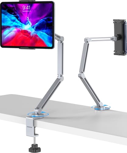 YICOSUN Tablet Stand for Desk - Heavy Duty Aluminum iPad Arm Mount with Super Grip Clamp 360 Rotating Foldable Holder for 4.7-13 iPad Kindle Phone - Reading Drawing Video Call - Silver