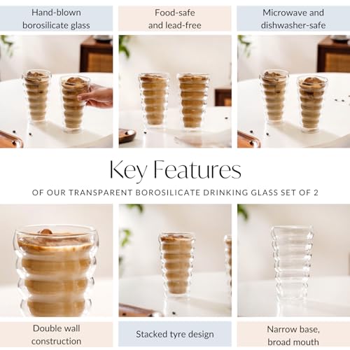 Image of Nestasia Double Wall Drinking Glasses | Crystal Clear Layered Tall Glass | Ideal for Hot & Cold Beverages, Water, Juice, Coffee, Tea | 375ml - Set of 2