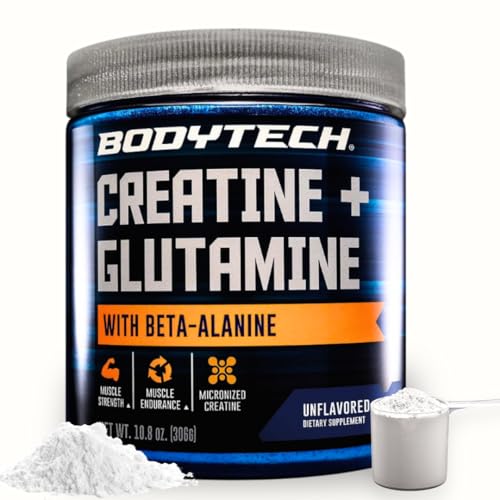 BodyTech Creatine + Glutamine with Beta Alanine Powder Supports Training & Recovery Pre Workout & Post Workout Supplement for Men & Women Unflavored Gluten Free 10.8 Oz 30 Servings