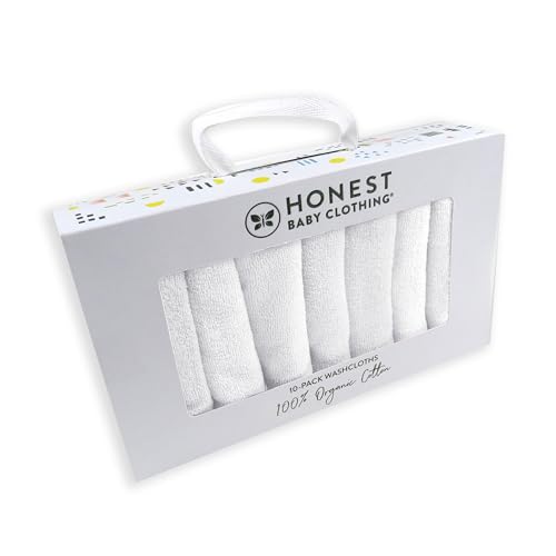 Image of HonestBaby 10-Pack Terry Wash Cloths in Gift Box 100% Organic Cotton for Infant Baby Boys, Girls, 10-Pack Honestly Pure White, One Size