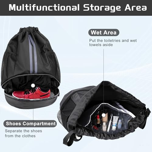 Sports Drawstring Backpack with Shoes Compartment, String Gym Bag with Wet Proof Pocket for Basketball, Soccer, Swim, Black Sport Bag for Men and Women - Image 5