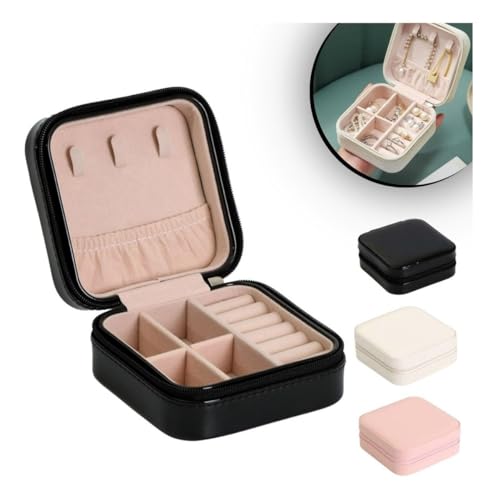 Porta Jóias de Couro com Forro de Veludo: Estojo Compacto e Resistente com Zíper para Viagem e Organizador Multifuncional Estilo e Segurança para Anéis, Pulseiras e Colares - NEXUS MARKET (PRETO)