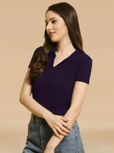 Image of Pinkmint Women's Solid Cotton Collar Neck Top ll Lycra Crop Tank T-Shirt ll Korean Trendy Half Sleeve ll Stylish Collared T-Shirt (Pack of 1)