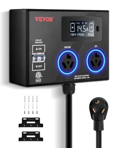 VEVOR NEMA Splitter for Dryer and EV 3-Color LED Indicator 240V Smart Power Distribution with NEMA 10-30 Plug Two NEMA 10-30 Outlets 3.4 in LCD Screen Max 24A Dryer EV Tested to ETL Standard