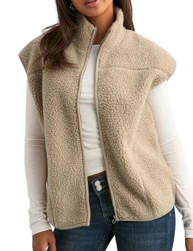 Tanming Womens Fuzzy Sherpa Fleece Vest Lightweight Cozy Sleeveless Gilet Zip Up Jacket with Pockets(Khaki-L)