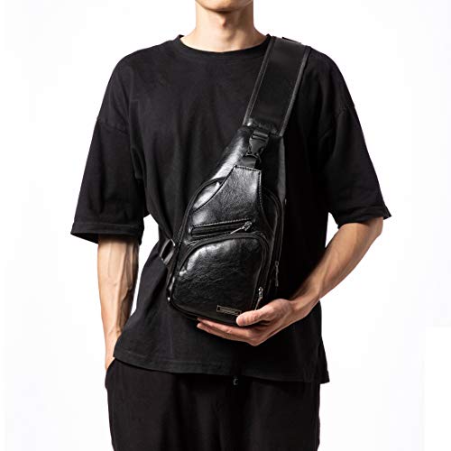 Men's Leather Sling Bag Multipurpose Daypack Shoulder Chest Crossbody Bag Black #TOP4