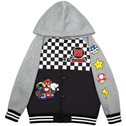 Nintendo Super Mario Graphic Boys Hooded Fleece Varsity Jacket for Kids and Toddlers (Size 5/6 Grey)