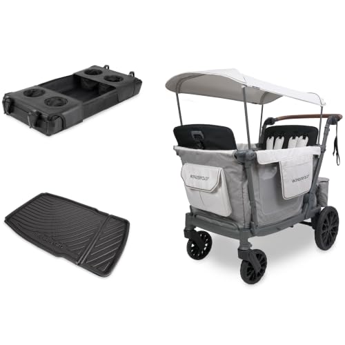 WonderFold L4 Bundle - 4-Seater Stroller Wagon with All-Weather Floor Mat and Flex Snack Tray, Safety-Certified with 5-Point Harnesses - Gray