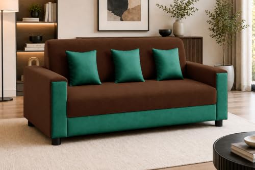 Image of Modern 3 Seater Sofa | Contemporary Upholstered Couch | Premium Cushioned Seating | Stylish Armrest Design | Comfortable Sofa for Living Room, Bedroom & Office - Brown + Green Color