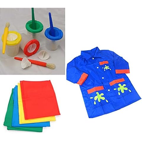 2to5 Children's Painting Set 4 Chubby Brushes, 4 Non-Spill Paint Pots, Blue Nylon Painting Coat and a 150cm x 100cm Splashmat* (*randomly selected from 4 colourful designs) Cover