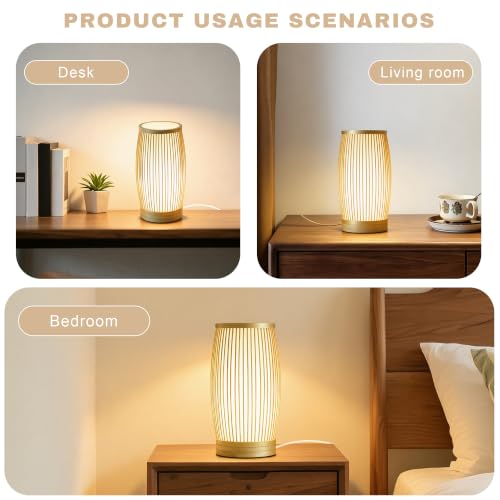 Image of Set of 2 Small Table Lamps, 11 inch Japandi Bamboo Bedside Lamps with Beige Linen Shades, Boho Nightstand Lamps for Bedroom, Living Room, Dorm Room, Natural