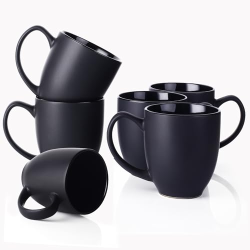 DOWAN Coffee Mugs, Black Coffee Mugs Set of 6, 16 oz Ceramic Coffee Cups with Large Handles for Men Women, Porcelain Big Mug for Tea Latte, Mug Gifts for Home Office Party