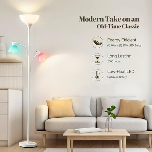 Image of White Floor Lamp, 72 inch Tall Standing Floor Lamp with 5 Replace Lampshades | Torchiere Lamps with 8W Adjustable Reading Lights, Floor Lamps for Living Room, Bedroom, Office, Bulbs Included