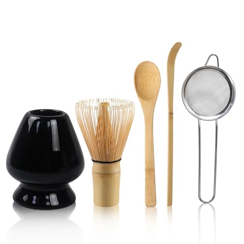 5-teiliges Matcha Set mit Matcha Besen, Löffel, Schaufel und Keramik Besenhalter–Matcha Zubehör mit sieb(Schwarz)