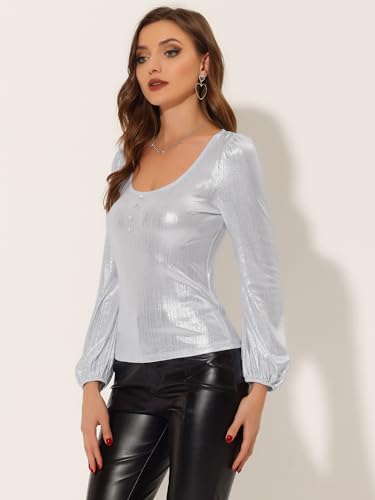 Image of Allegra K Metallic Blouse for Women's Sparkly Party Club Shiny Bishop Sleeve Disco Glitter Tops
