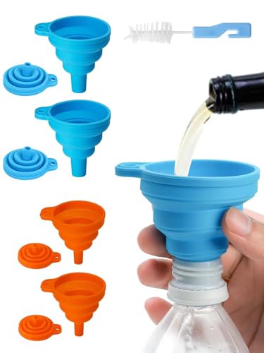 4Pcs Collapse Funnels, Silicone Kitchen Funnel, Folded Funnels Small Funnels for Filling Bottles with Clean Brush, Collapsible Funnel for Liquid Transfer S M Size (4pcs (2 sizes))