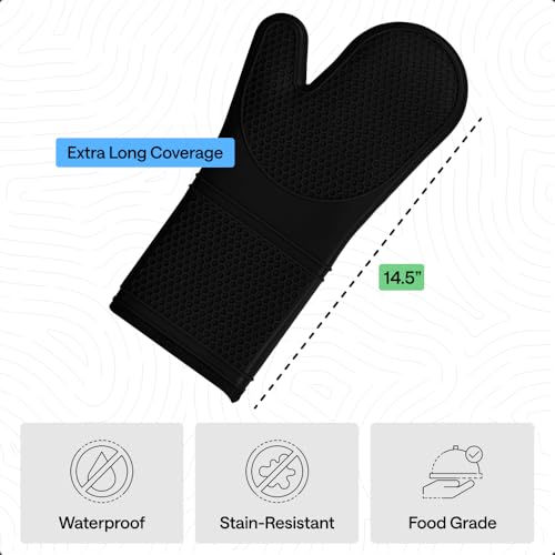 Image of GORILLA GRIP BPA-Free Soft Silicone Oven Mitts, 14.5x8.3, Heat Resistant and Waterproof Cooking Gloves, Thick Cotton Lining, Flexible Gripping for Baking Grilling, Kitchen Potholders Set of 2, Black