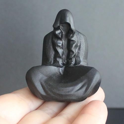 HLbshi Natural Black Obsidian Crystal Grim Reaper Statue Carved Gemstone Spiritual Guardian Desktop Sculpture Ornament Office Home Decor Gift