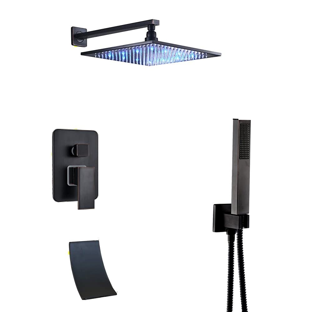 Robinet de douche bronze noir led 16 pouces avec mitigeur mural et effet pluie