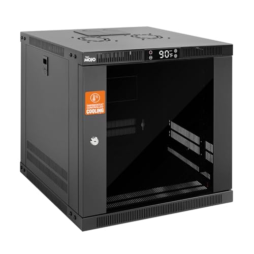 Tecmojo 9U Wall Mount Rack with Thermostat 17.7inch Depth Enclosed Server Cabinet with 2 Cooling Fans Lockable Door & Hardware 9U Rack for 19inch Equipments Glass Door