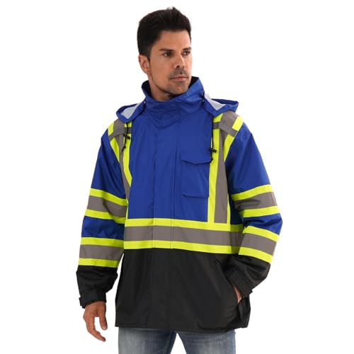 Image of Reflective Rain jackets for men waterproof,Hi Vis Safety Coat With Reflective Strips,High Visibility Class 3 Rain jackets With 2 large pockets,Zipper,Blue,SM /MD