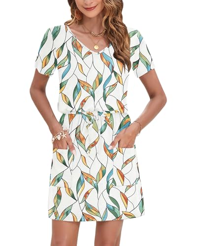 Image of AUSELILY Womens Summer Dresses 2026 Causal Short Sleeve V Neck Tie Front Mini Short Dress with Pockets