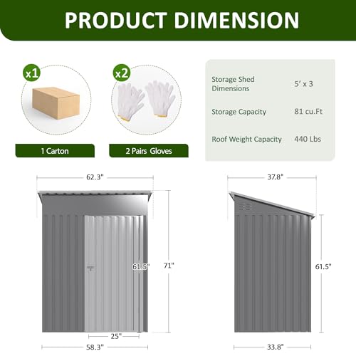 Image of DAUSOLA 5x2.5 FT Outdoor Storage Shed, Metal Garden Tool Shed with Updated Frame Structure and Lockable Doors, Ideal for Backyard Garden Patio Lawn, Grey