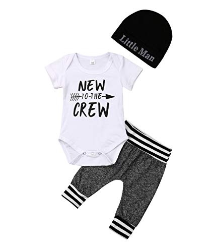 Newborn Baby Boy Summer Fall Clothes New to The Crew Letter Print Short Sleeve Romper Bodysuit + Cotton Long Pants + Hat 3Pcs Outfits Set (to The Crew-2, 0-3 Months)
