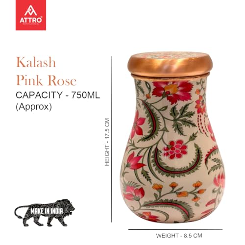 Image of ATTRO Kalash Copper Water Pot - Designer Water Storage & Serving, Ayurvedic Health Benefits, Supports Overall Health & Healthy Skin, 750ml Pink Rose