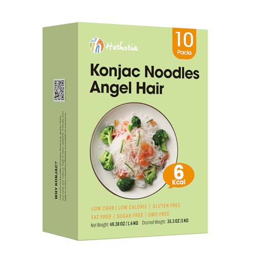 Image of Hethstia Shirataki Noodles, 10 Packs Konjac Noodles Pasta Angel Hair | Low-Calorie (6 Kcal), Low GI, Vegan, Keto, 56.5oz Low Carb, Gluten Free and Sugar-Free, Healthy Diets, Ready to Eat