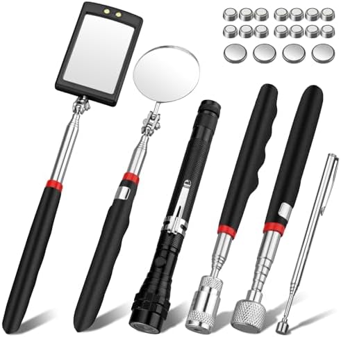 XUNTOP 6 PCS Magnetic Telescoping Pickup Grabber Tool Set Including 15 lb/1 lb/8 lb with LED Light/Round/Square Inspection Mirror/Telescoping Handle 360° Swivel for Extra Viewing Pickup Dead Angle