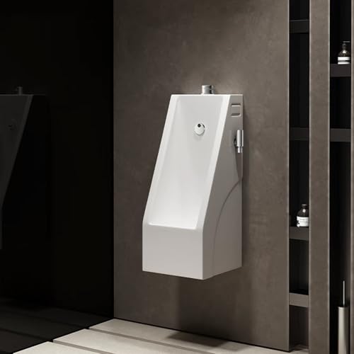 TUPAFJU Wall Mounted Urinal for Men, Ceramic Intelligent Sensor & Manual Flush Urinal with Bidet Sprayer, Anti-Odor & Splash-Proof Male，for Bathroom, Hotel, Commercial(Hidden Sensor with Spray Gun)