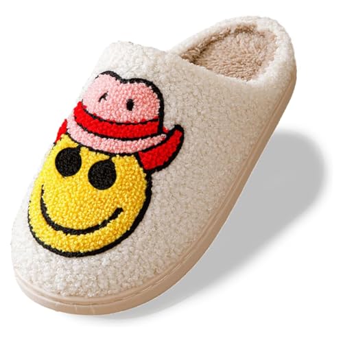 Smiley Face Slippers for Women,Mukinrch Retro Cute Cowboy Happy Face Slippers Men,Comfy Memory Foam Preppy Slippers Warm Plush Cozy Slip-On Indoor Outdoor Fluffy House Slippers for Men Women