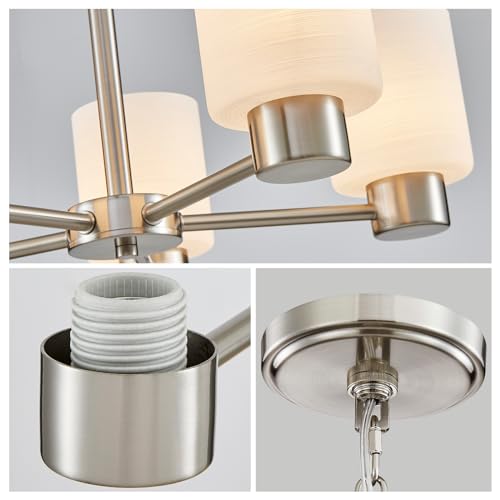 Image of WUZUPS 5-Light Pendant Chandelier Light Frosted White Glass Shade with Grain Ceiling Lighting Elegant Modern Fixture Bathroom Kitchen Dining Room Entry Foyer, H 15.8 inch W21, E12 Base, Brushed Nickel