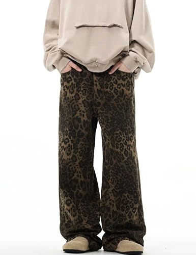 COOLMONAR Women's Y2K Leopard Print Jeans Chic Street Style Wide Leg Denim Pants Retro Hip Hop Loose Trouser2