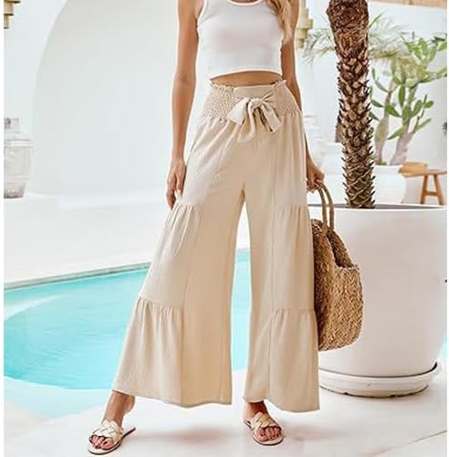 Women's High Waisted Lace Up Flared Pants Wide Leg Cake Wrinkled Casual Trousers