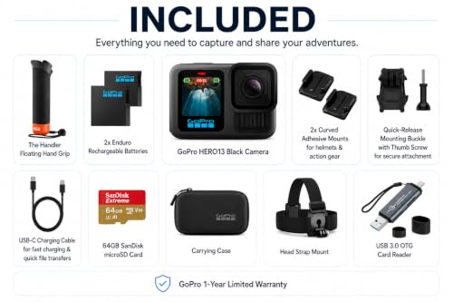 Image of GoPro HERO13 Black Accessory Bundle - Includes The Handler, 2 Enduro Batteries, 2 Curved Adhesive Mounts, 64GB SanDisk MicroSD Card, and Carrying Case, Head Strap & Card Reader