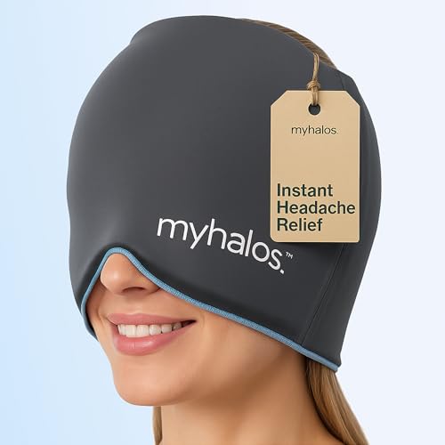 MyHalos Migraine Relief Cap - Wearable Ice Pack Cold Wrap Hat -Reusable Cold Therapy Headache Cap & Migraine Cap for Tension Headache Relief & Sinus Pressure - Form-Fitting Head Compress (Gray)