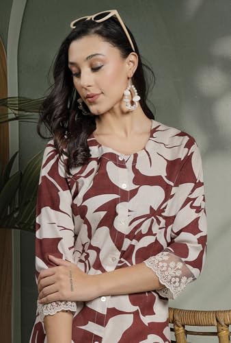 Image of Pistaa's Women's Cotton Regular Fit A Line Regular A-Line Printed Cutwork Sleeve Kurta
