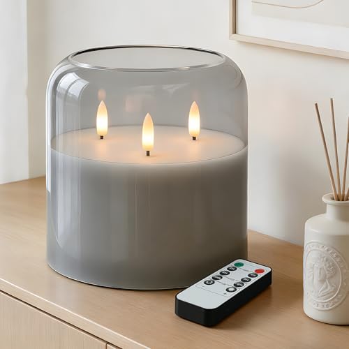 Velsyn 3 Wick Glass Flameless Candle with Remote and Timer 6x6 Extra Large Real Wax LED Pillar Candle Battery Operated with 3D Flickering Flame for Festival Wedding Home Party Decor (Gray)