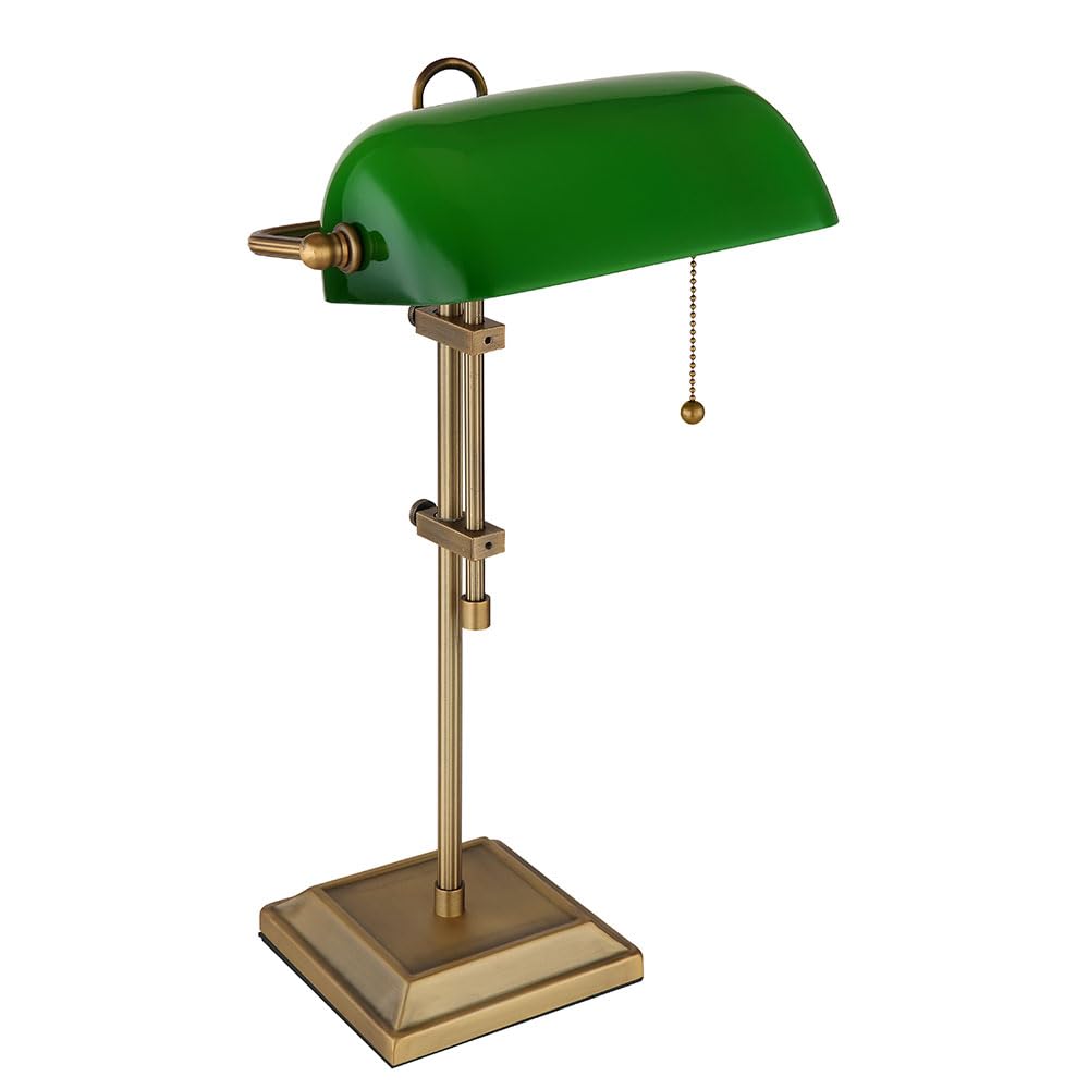 LED Schreibtischleuchte Bankerlampe Tischlampe altmessing Glas grün Leseleuchte höhenverstellbar, Zugschalter, 1x E27 LED warmweiß, LxH 26,5x56 cm