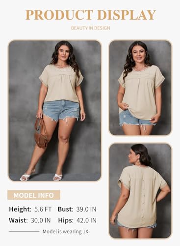 Eytino Women Plus Size Tops Crewneck Short Sleeve Lace Crochet Loose Casual Summer Blouses Shirts(1X-5X)3