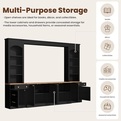 Image of 106.3 inchL Large Entertainment Center with Bookshelves and Drawers for TVs Up to 70'', Wall Unit Entertainment Center with Adjustable Shelves and Cabinet, Minimalist TV Stands for Living Room Black