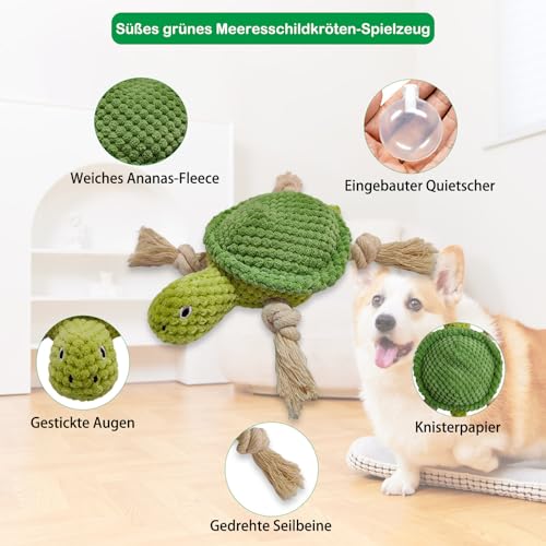 TONYFY Niedliche Meerestieren Hundespielzeuge mit Quietscher, Interaktive Plüschspielzeuge aus Baumwolle mit Knoten und Knisterpapier – für Welpen, kleine und mittelgroße Hunde(Grüne Schildkröte)