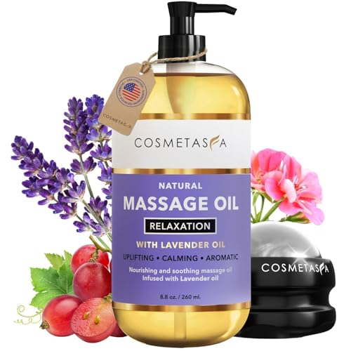 Cosmetasa Lavender Massage Oil for Massage Therapy with Roller - All Natural, Cruelty-Free & Spa Quality Skin Therapy Oil & Soothing Care - Lavender, Geranium & Grapeseed Oil (8.8 oz)